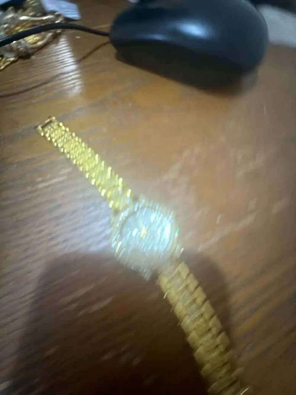 Gold Tone Rhinestone Iced Out Bling Quartz Wristwatch with Link Bracelet